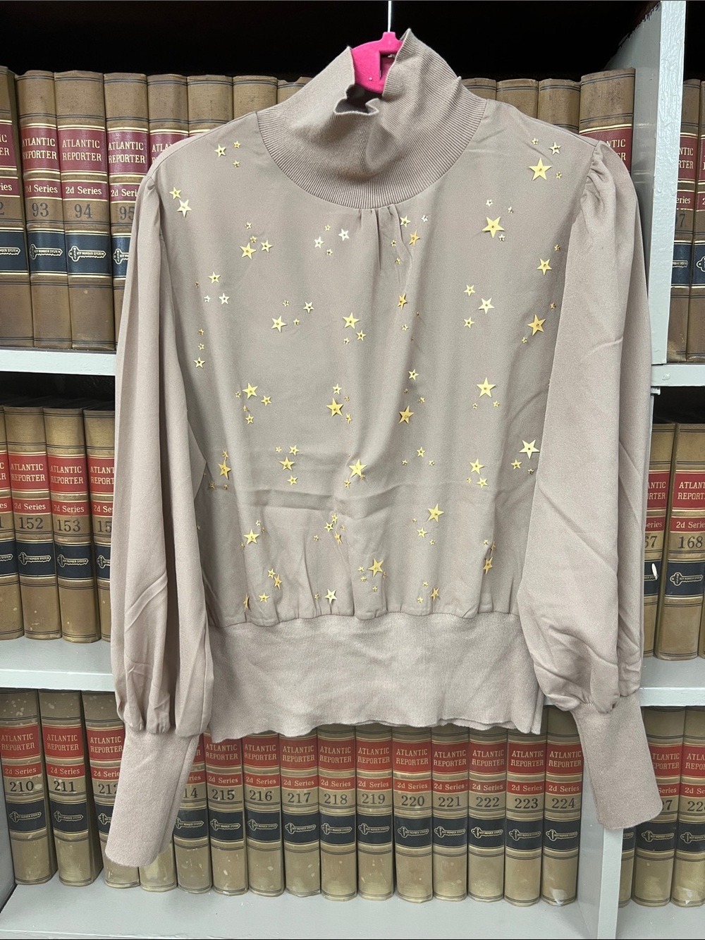 French Connection Taupe Mock Neck Sweatshirt with Gold Star Accents